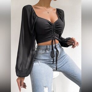 RosyDaze Black Sweetheart Crop Top Corset Mesh Sleeve Cinch Long Sleeve Top